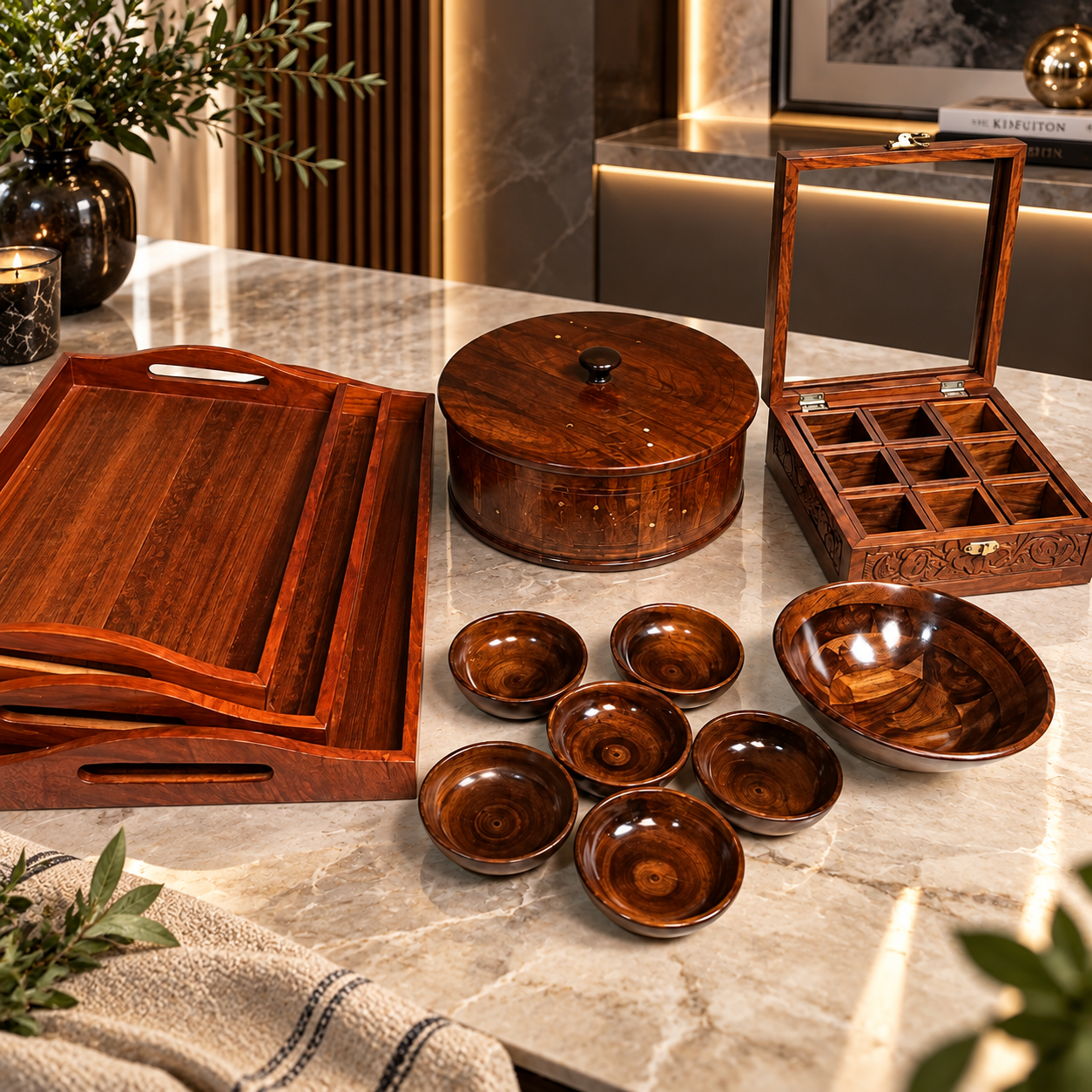 Wooden Dining & Serving Set – Hot Pot, Bowl, Tray & Spice Box