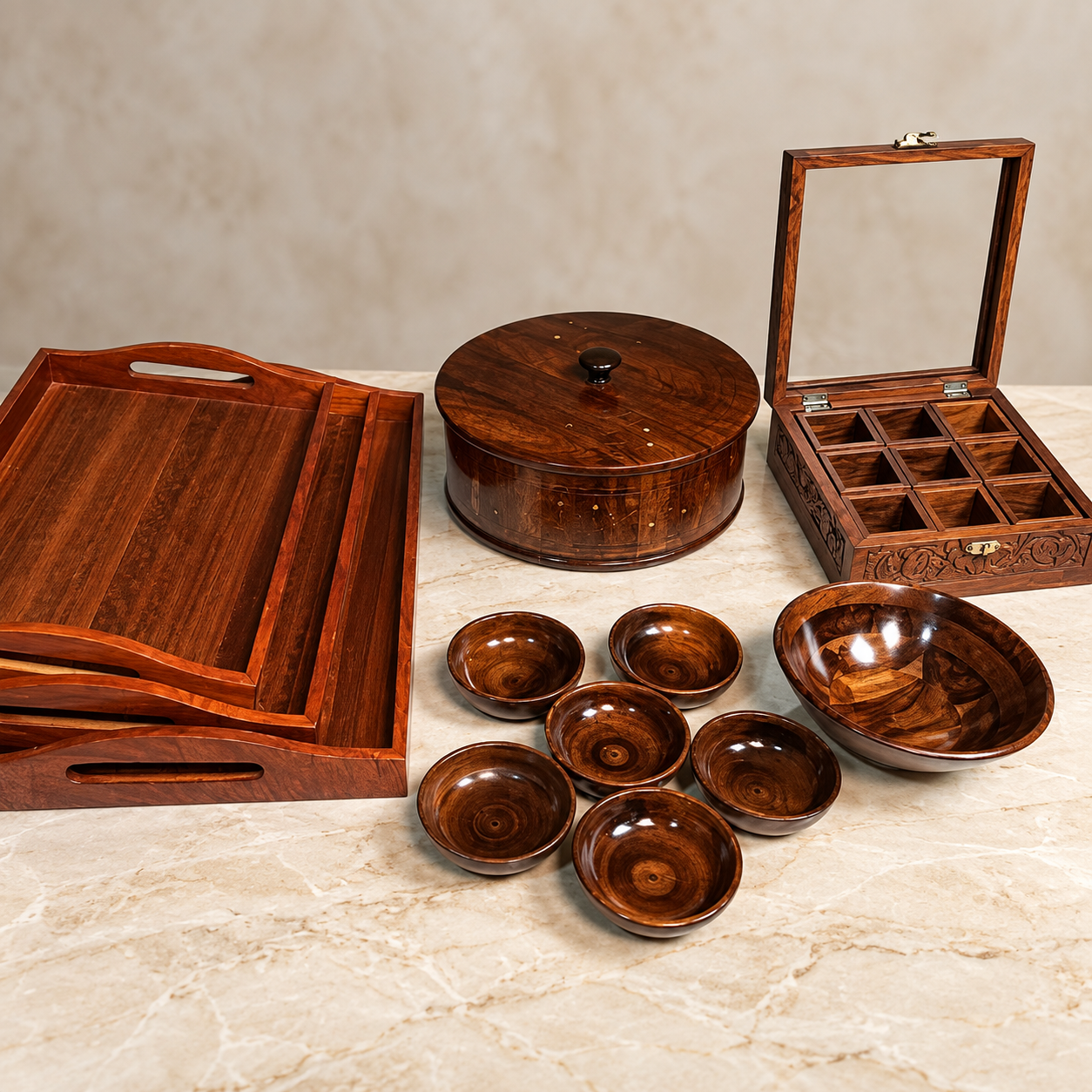 Wooden Dining & Serving Set – Hot Pot, Bowl, Tray & Spice Box — image 3
