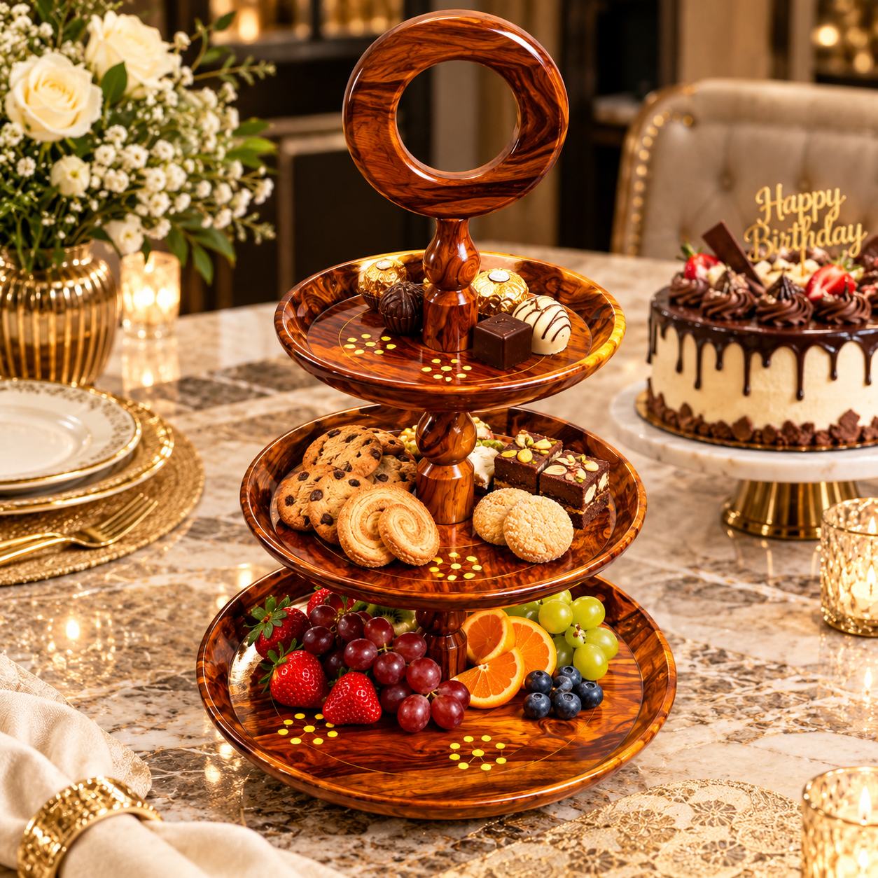 Handcrafted 3-Tier Wooden Fruit & Serving Stand – Round Display Tray — image 2