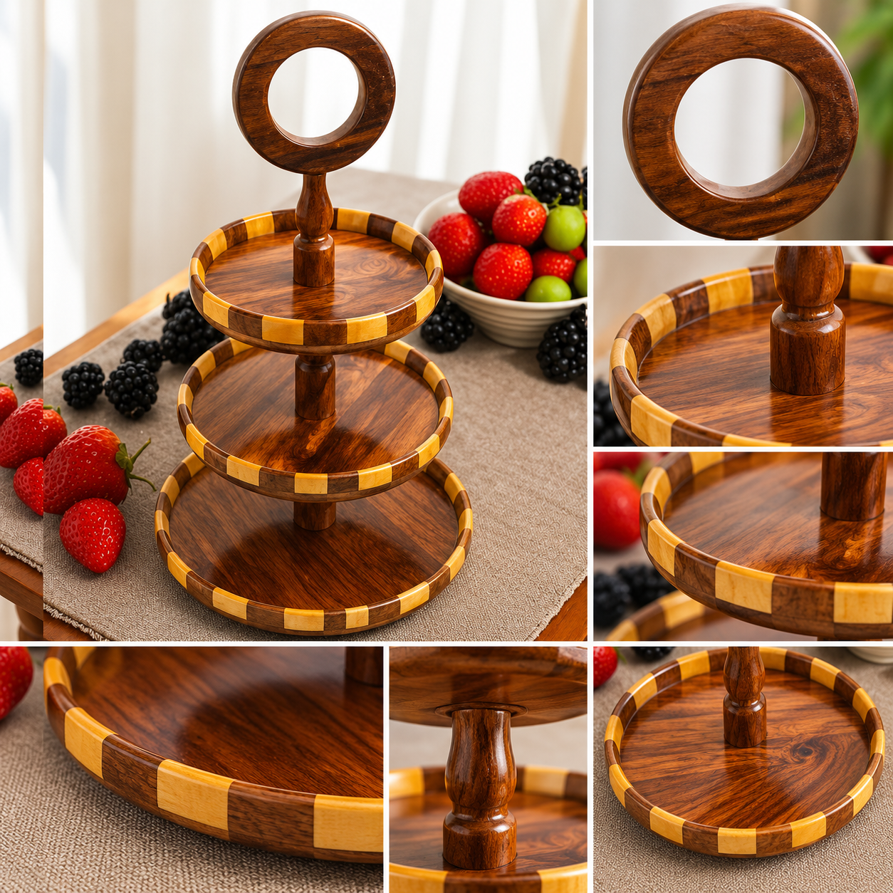 Handcrafted 3-Tier Wooden Fruit & Serving Stand – Round Display Tray — image 5
