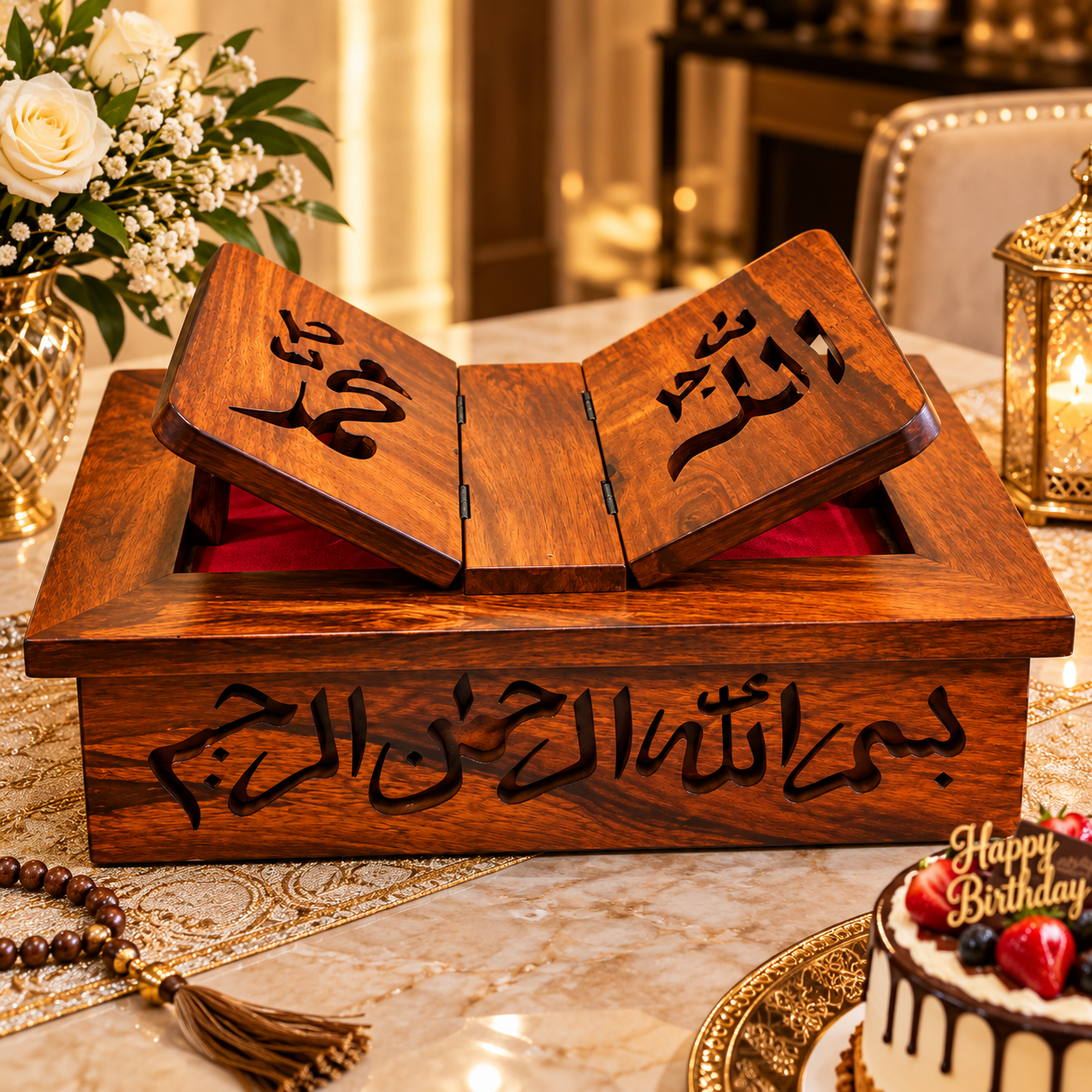 Handcrafted Wooden Quran Box with Foldable Quran Stand – Arabic Calligraphy