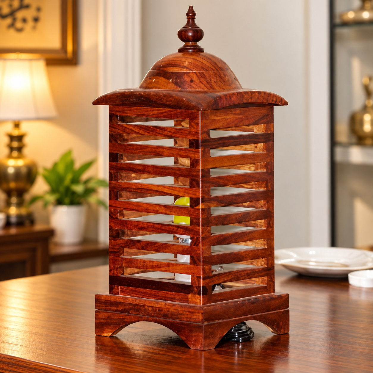 Handcrafted Wooden Lantern – Traditional Slatted Table Lamp