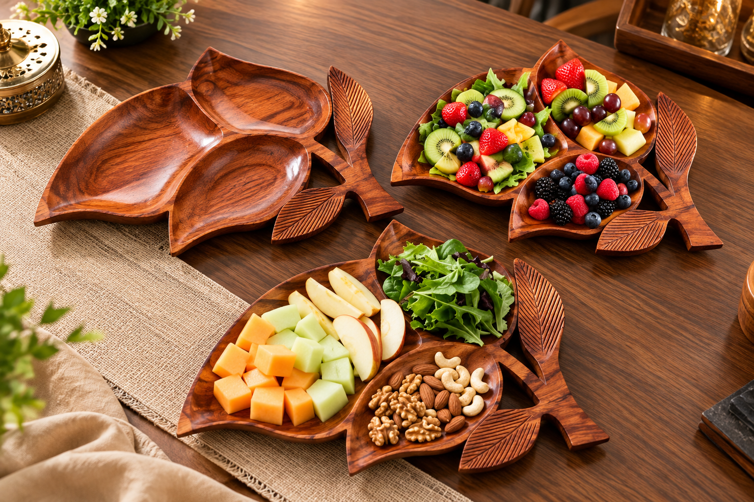 Handcrafted Wooden Leaf-Shaped 3-Section Serving Tray – Fruit, Salad & Dry Fruit Platter