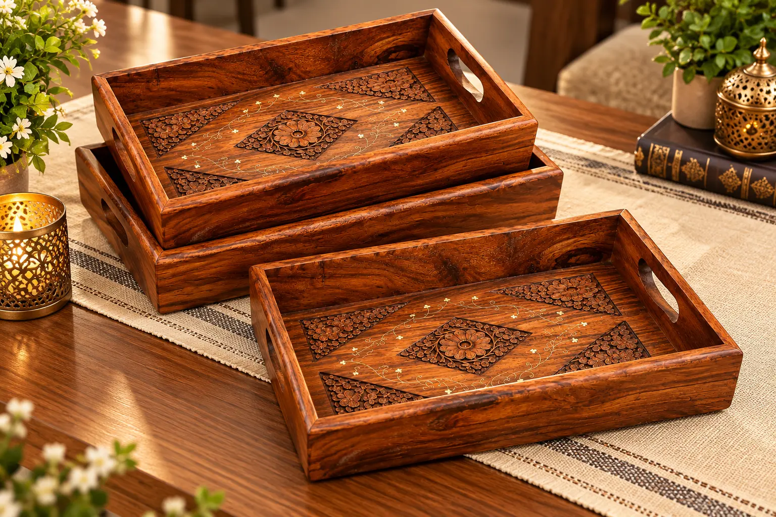 Handcrafted Wooden Serving Tray with Handles – Decorative Traditional Wood Tray