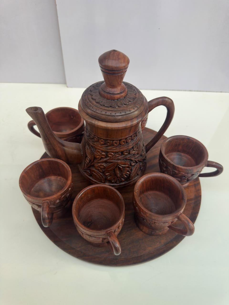 Handcrafted Carved Wooden Tea Set with Teapot, Cups & Serving Tray