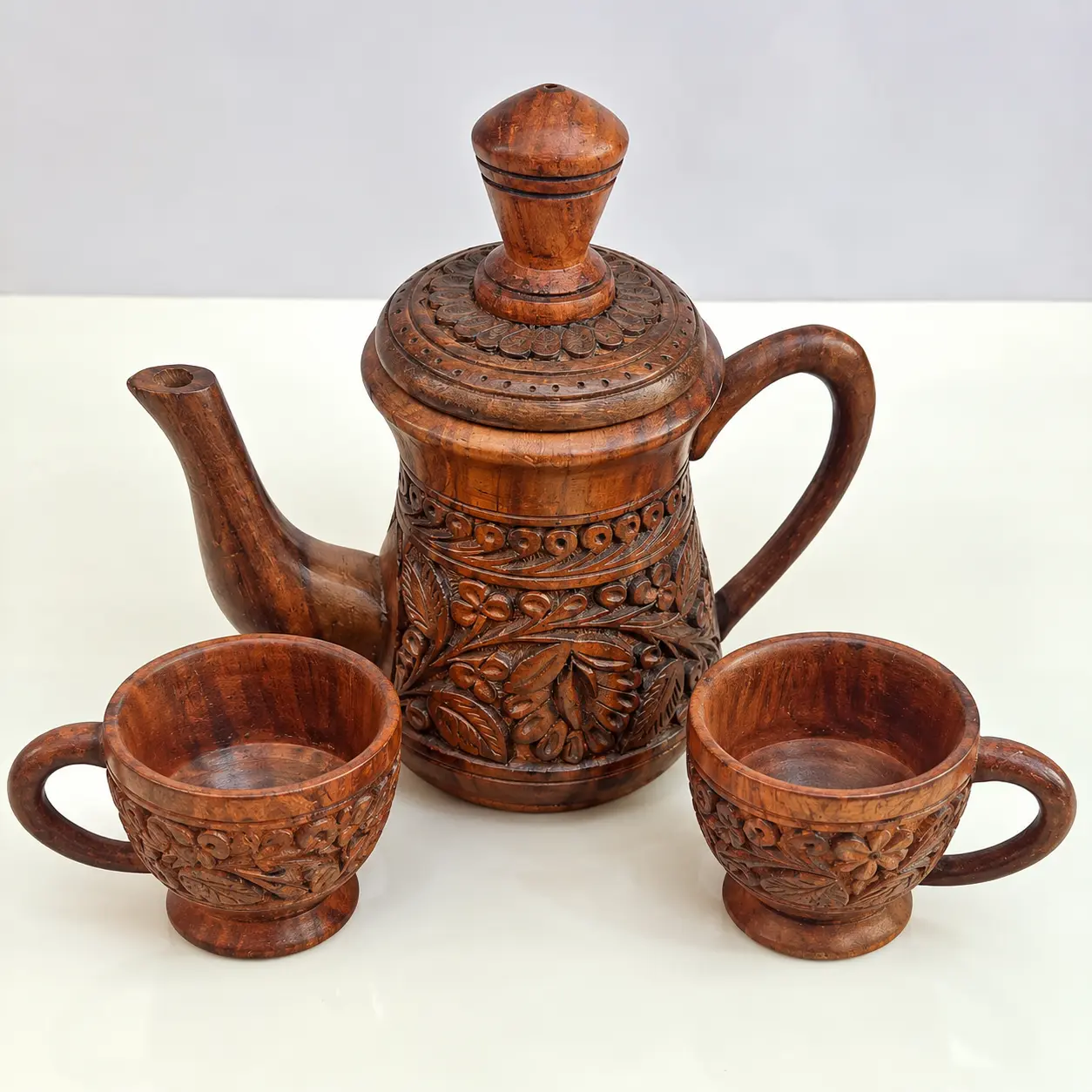 Handcrafted Carved Wooden Tea Set with Teapot, Cups & Serving Tray — image 2