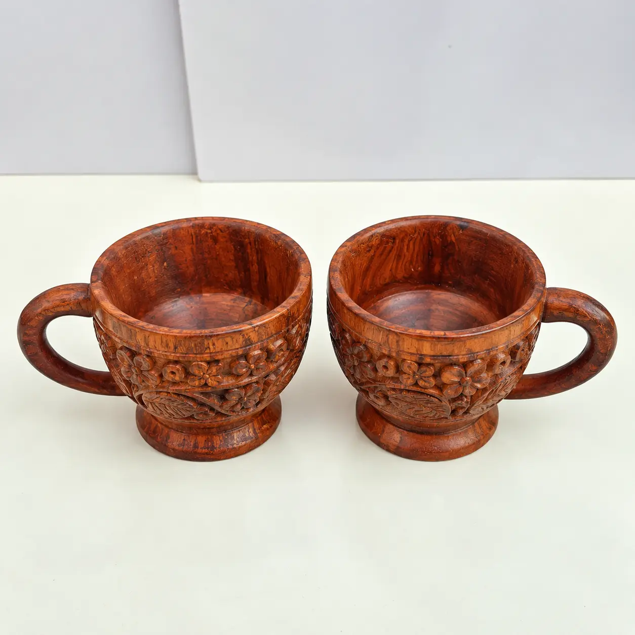 Handcrafted Carved Wooden Tea Set with Teapot, Cups & Serving Tray — image 3