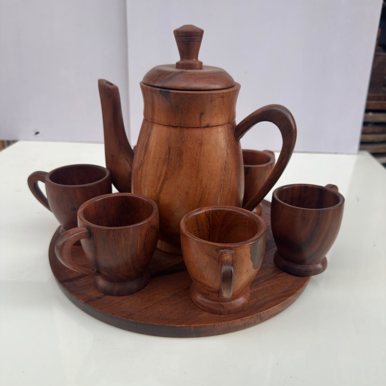 Handcrafted Wooden Tea Set with Teapot, Cups & Serving Tray