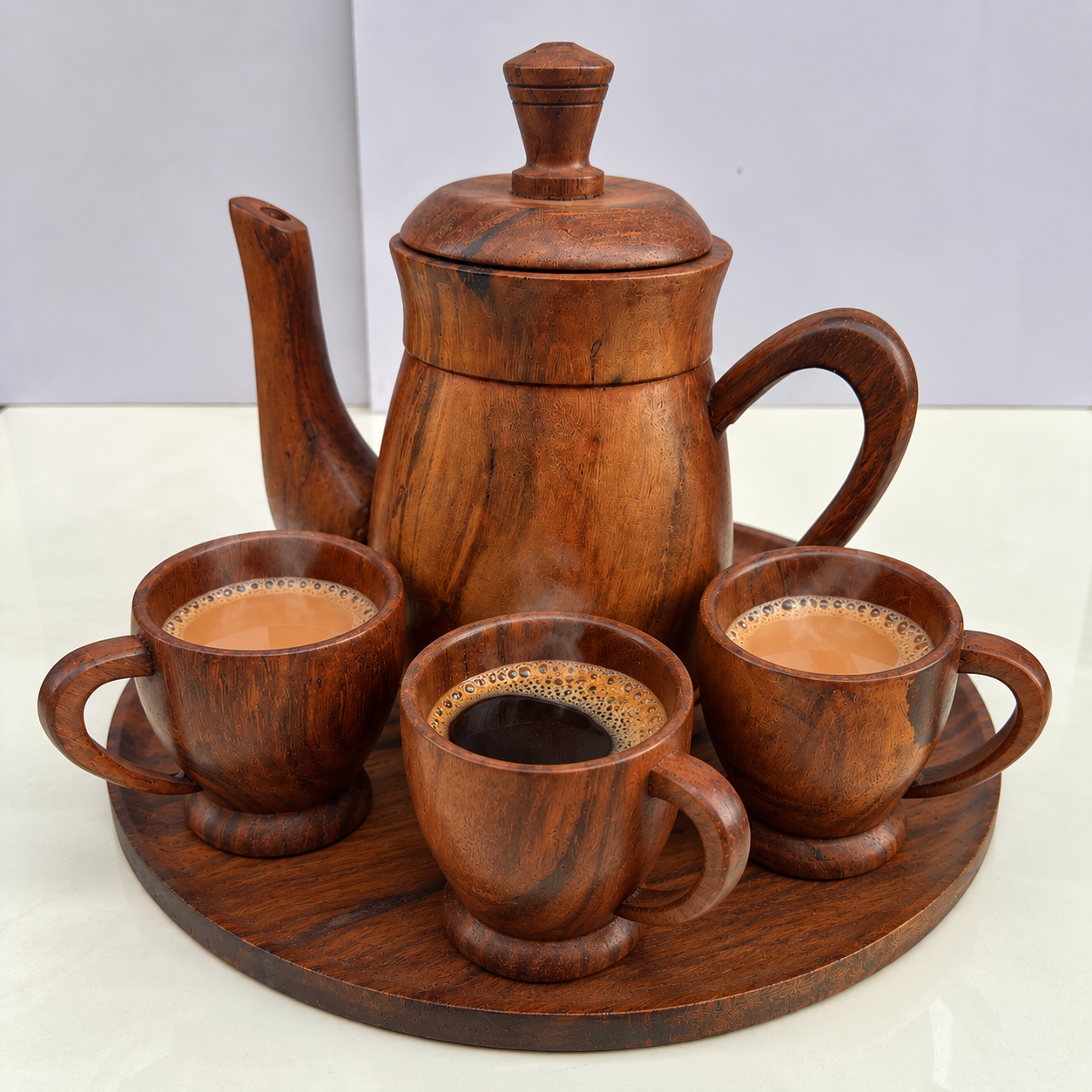 Handcrafted Wooden Tea Set with Teapot, Cups & Serving Tray — image 3