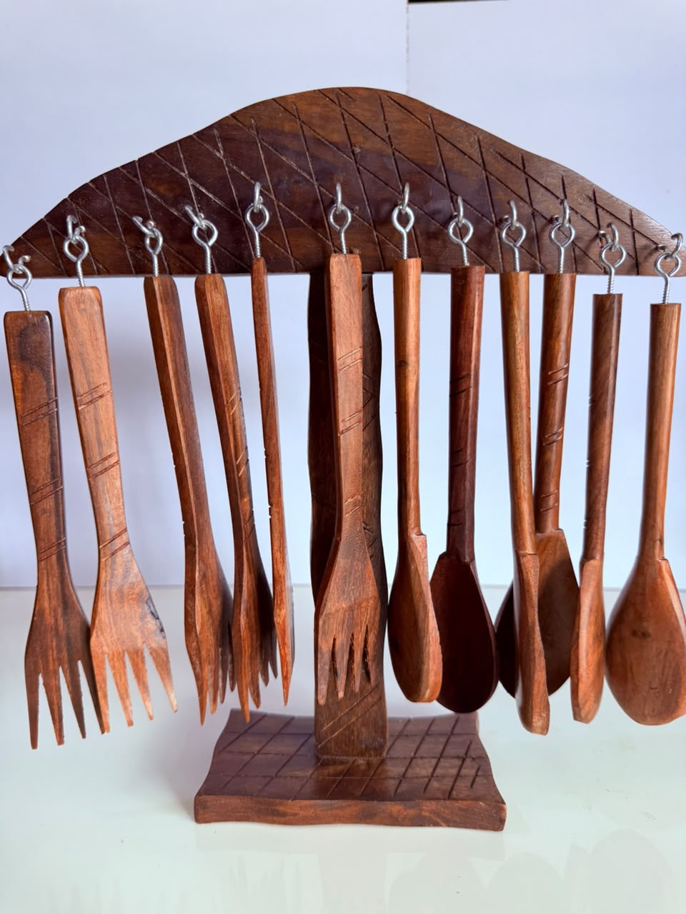 Handcrafted Wooden Kitchen Utensil Set with Hanging Stand