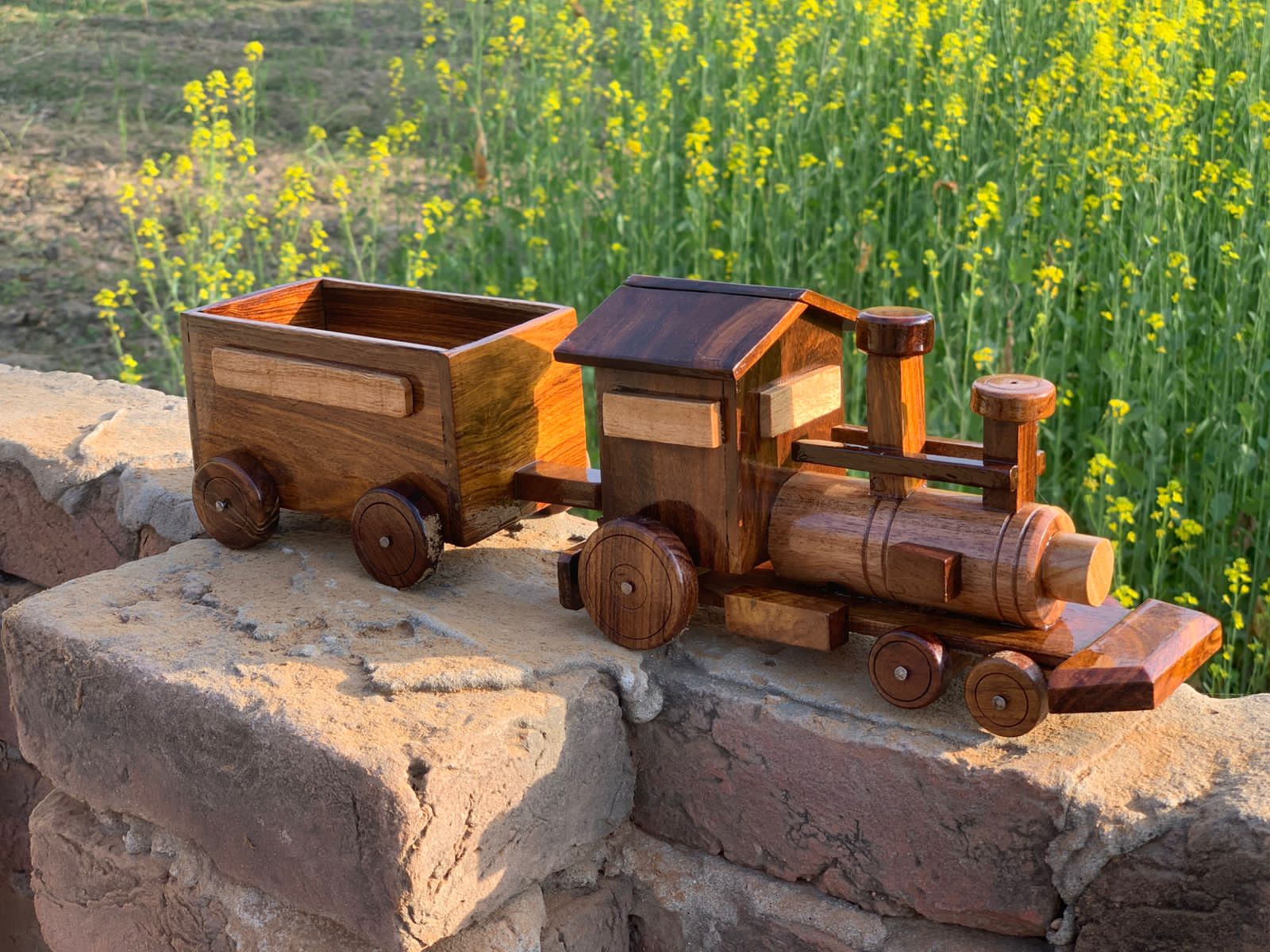 Handcrafted Wooden Train with Cargo Wagon – Rustic Decorative Collectible