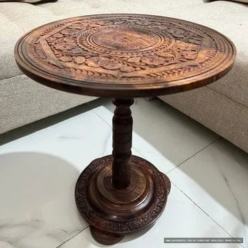 Hand-Carved Wooden Pedestal Table – Traditional Round Floral Design — image 3