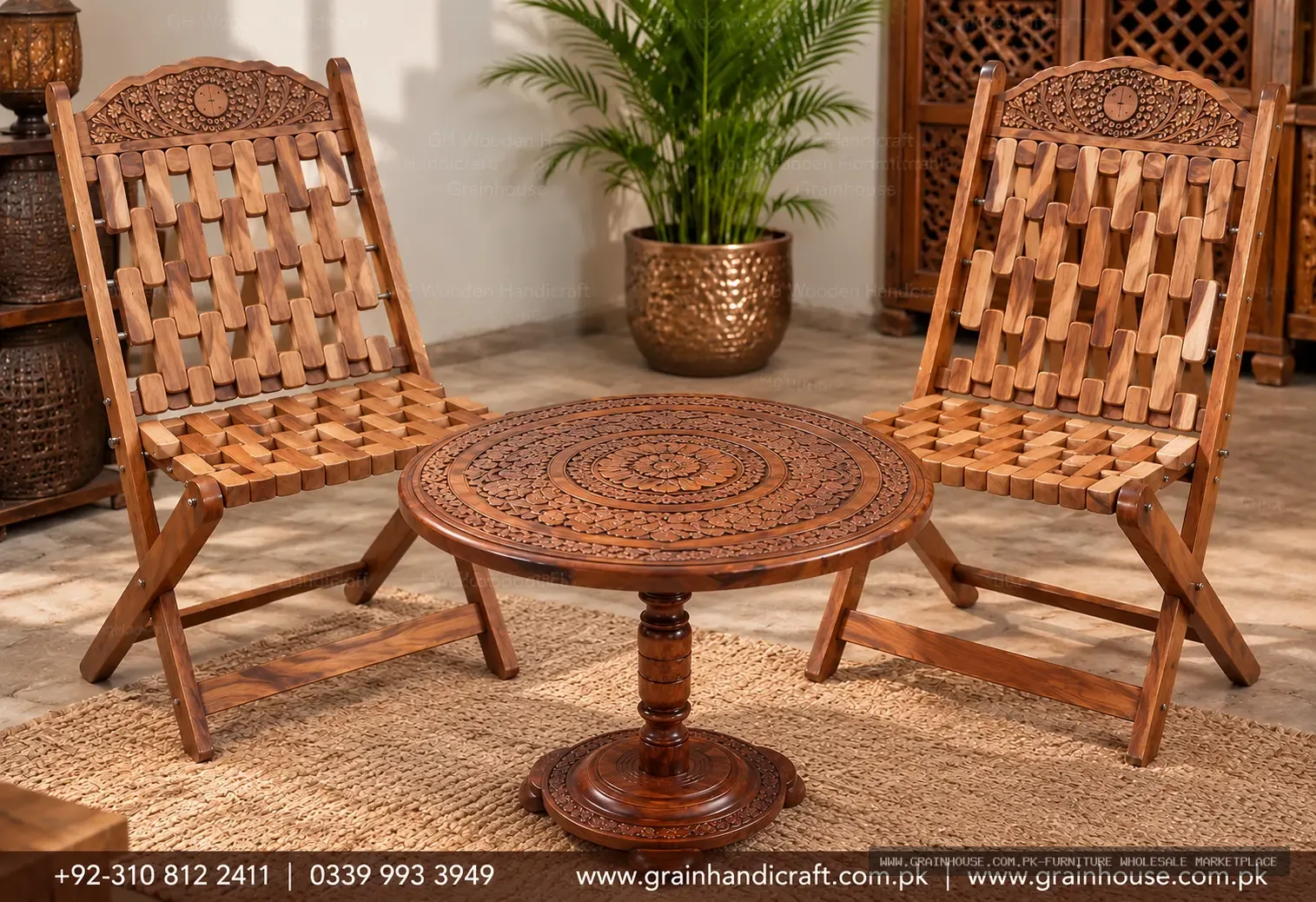 Traditional Wooden Folding Chair with Carved Backrest – Handcrafted Wooden 2 Chair Set — image 2