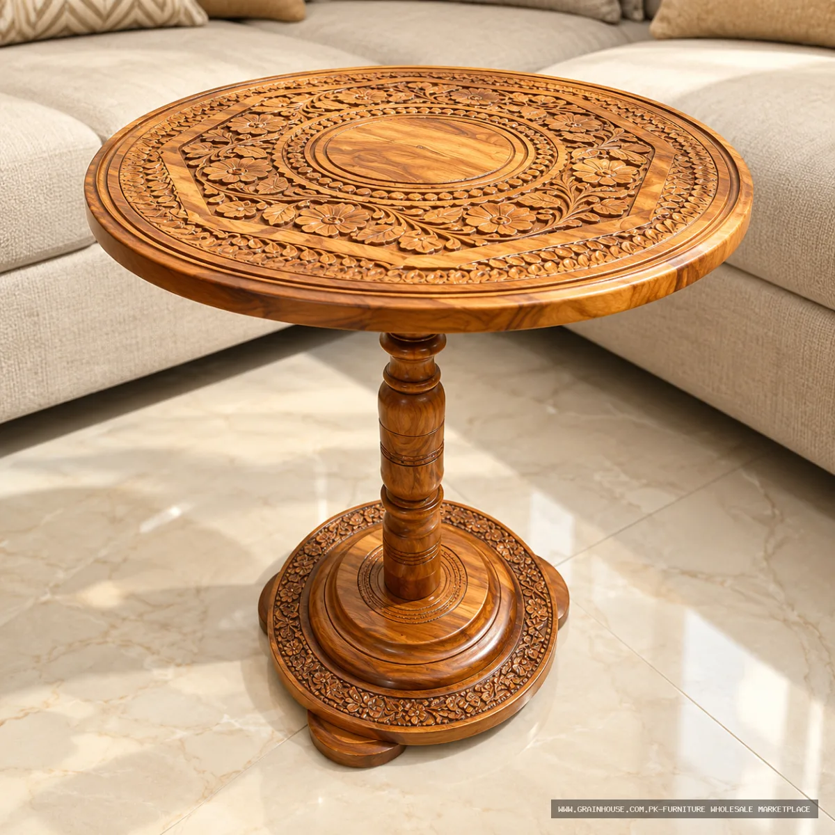 Hand-Carved Wooden Pedestal Table – Traditional Round Floral Design
