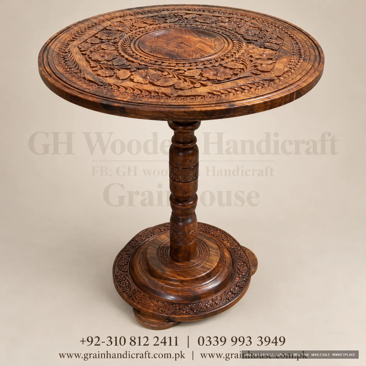 Hand-Carved Wooden Pedestal Table – Traditional Round Floral Design — image 4