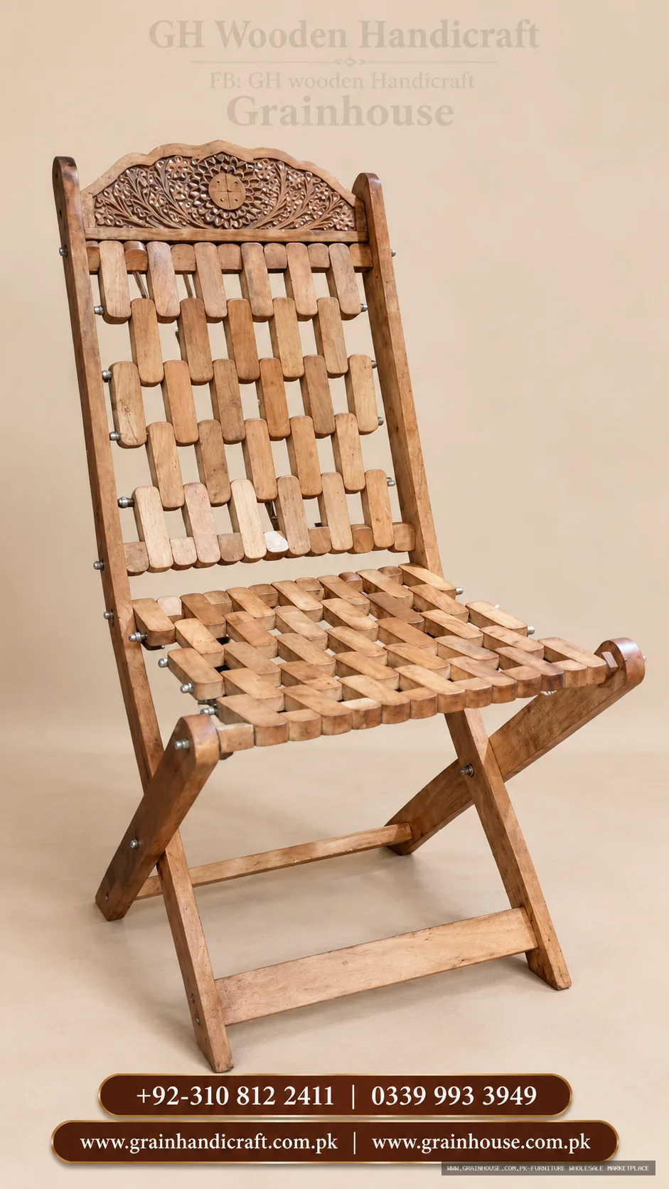 Traditional Wooden Folding Chair with Carved Backrest – Handcrafted Wooden Chair — image 2