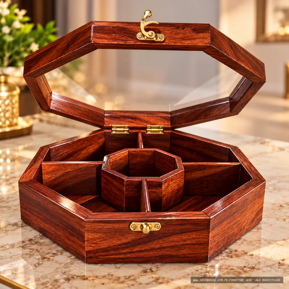Octagonal Wooden Jewelry Organizer Box with Compartments — image 2