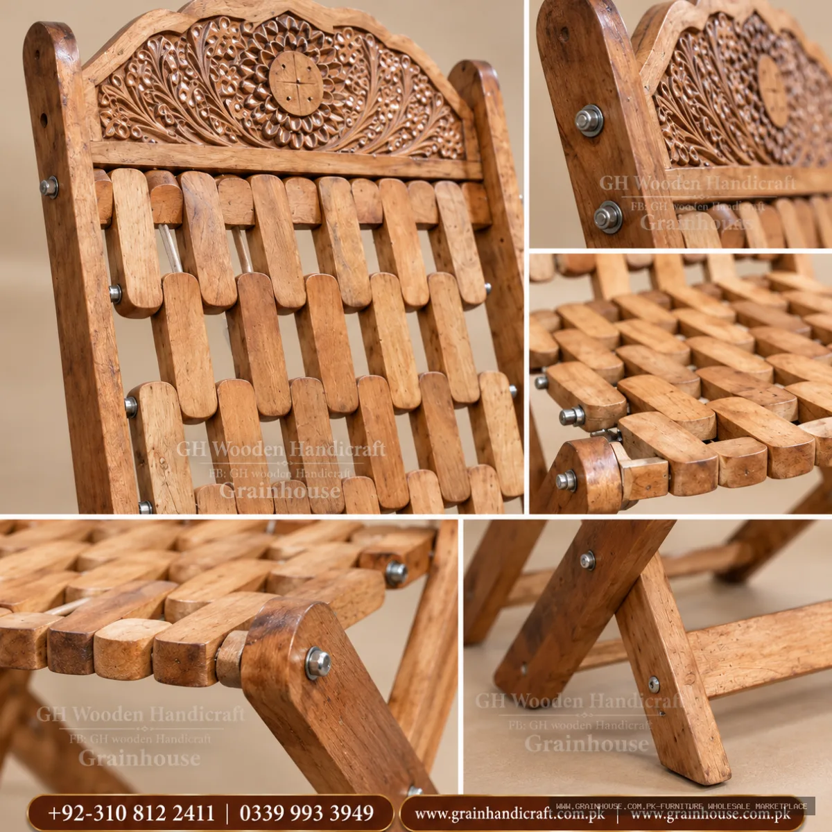 Traditional Wooden Folding Chair with Carved Backrest – Handcrafted Wooden 2 Chair Set — image 4